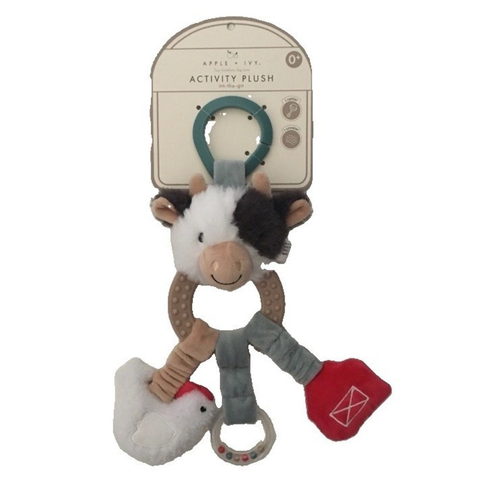 NEW Cow Activity Farm Plush with Clip Baby Toy Crinkles Rattles Apple & Ivy